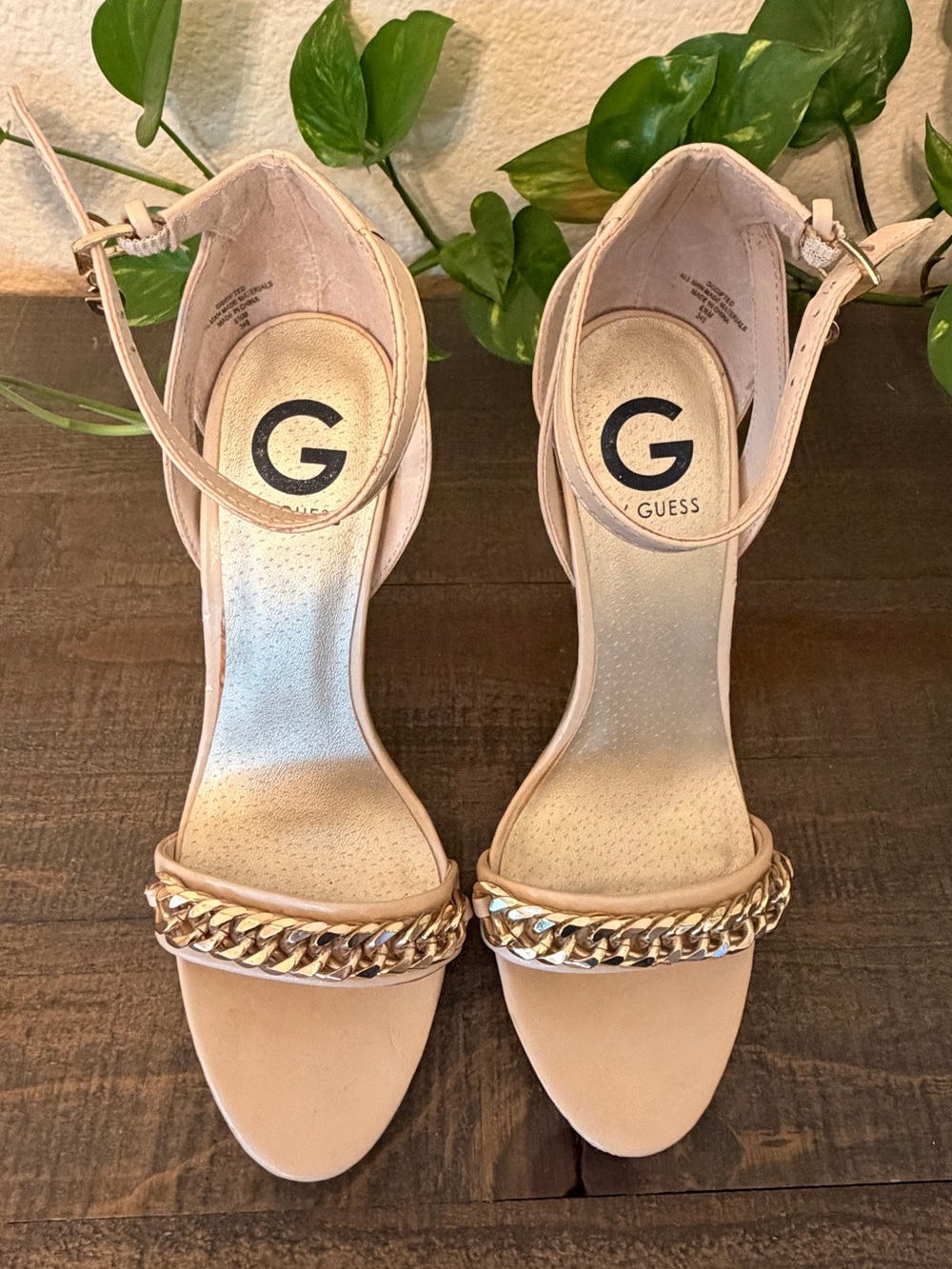 GUESS Blush Nude Ankle-Strap Heels with Gold Chain